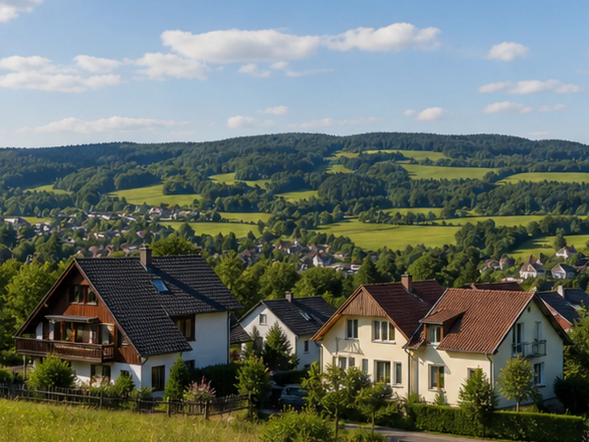 Sonnige Landschaft mit regionaltypischen Ferienhäusern